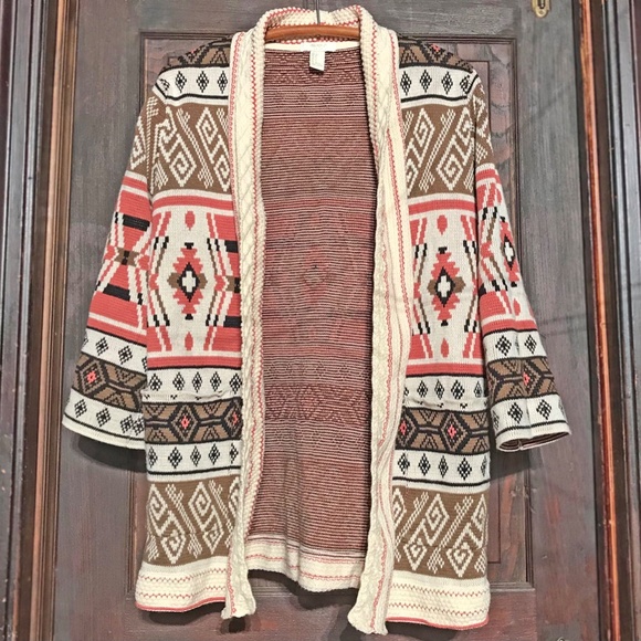 Forever 21 Cardigan Open Front Aztec Southwestern Tribal Geometric Sweater Boho - Picture 3 of 16